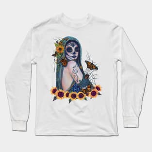 Day of the dead with sunflowers by Renee Lavoie Long Sleeve T-Shirt